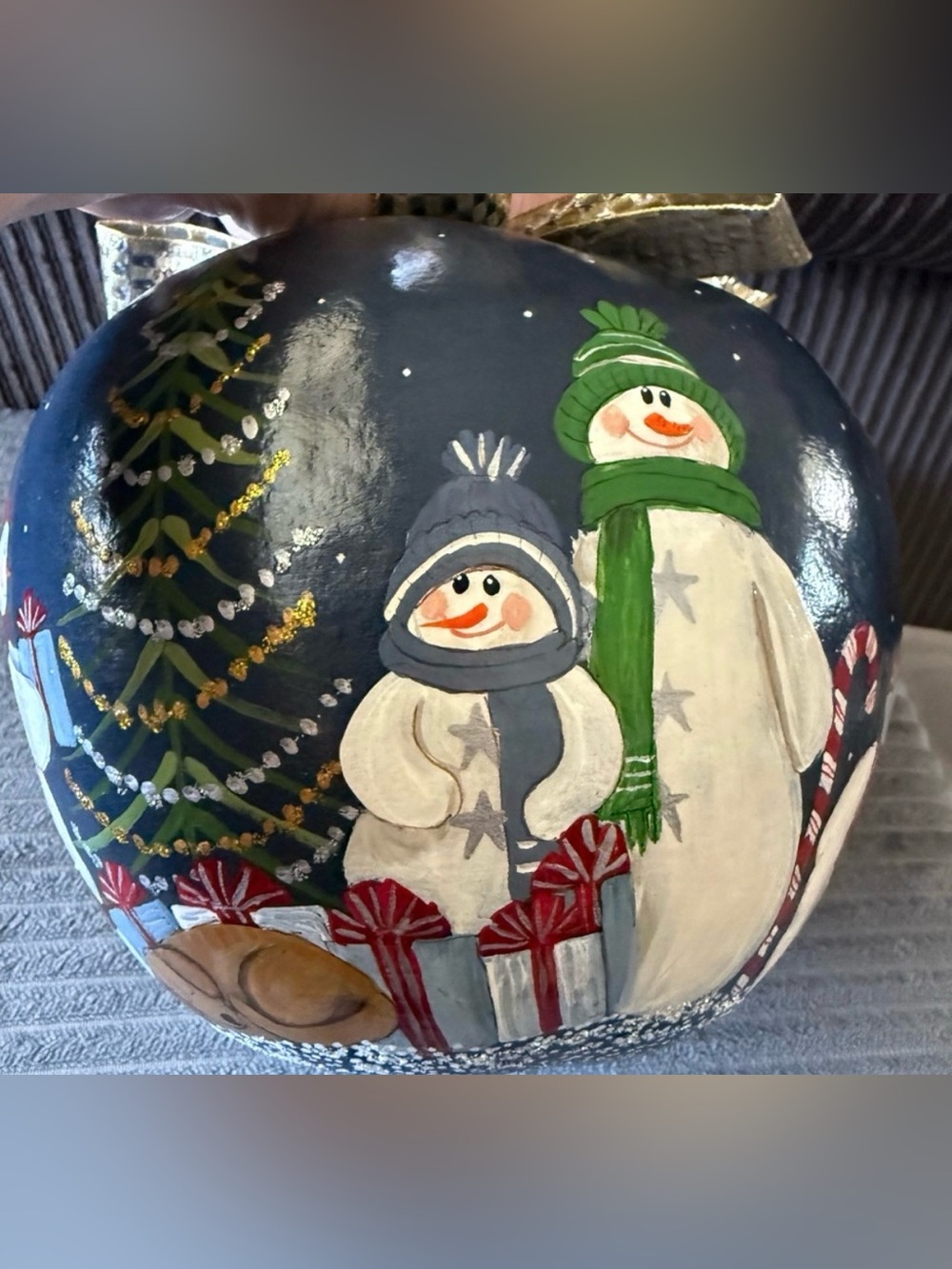 VTG Snowman Gourd Holiday White BEAR Handpainted Signed Christmas
